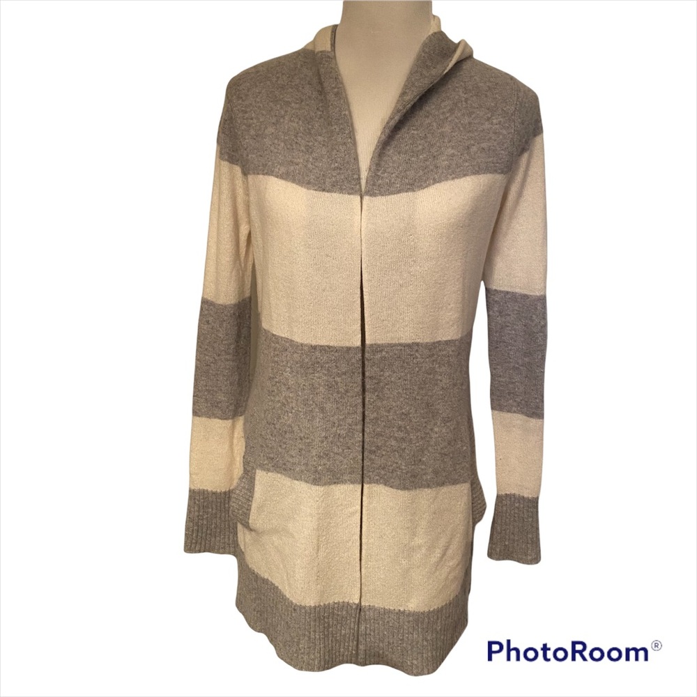 AQUA CASHMERE CARDIGAN SWEATER OPEN HOOD GRAY WHITE HOODIE LONG SLEEVE Size S